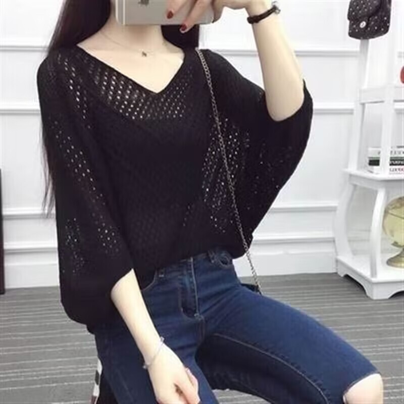 Hollow Shirt for Women Spring and Summer New Korean Style Loose Large Size Versatile Bat Shirt Knitwear Women's Thin Top Trendy