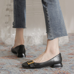 9338-1 Flat Single Shoes for Commuting, 2023 French Retro Square Toe, Low Mouth Belt Buckle Loafers, Soft Leather Grandma Shoes
