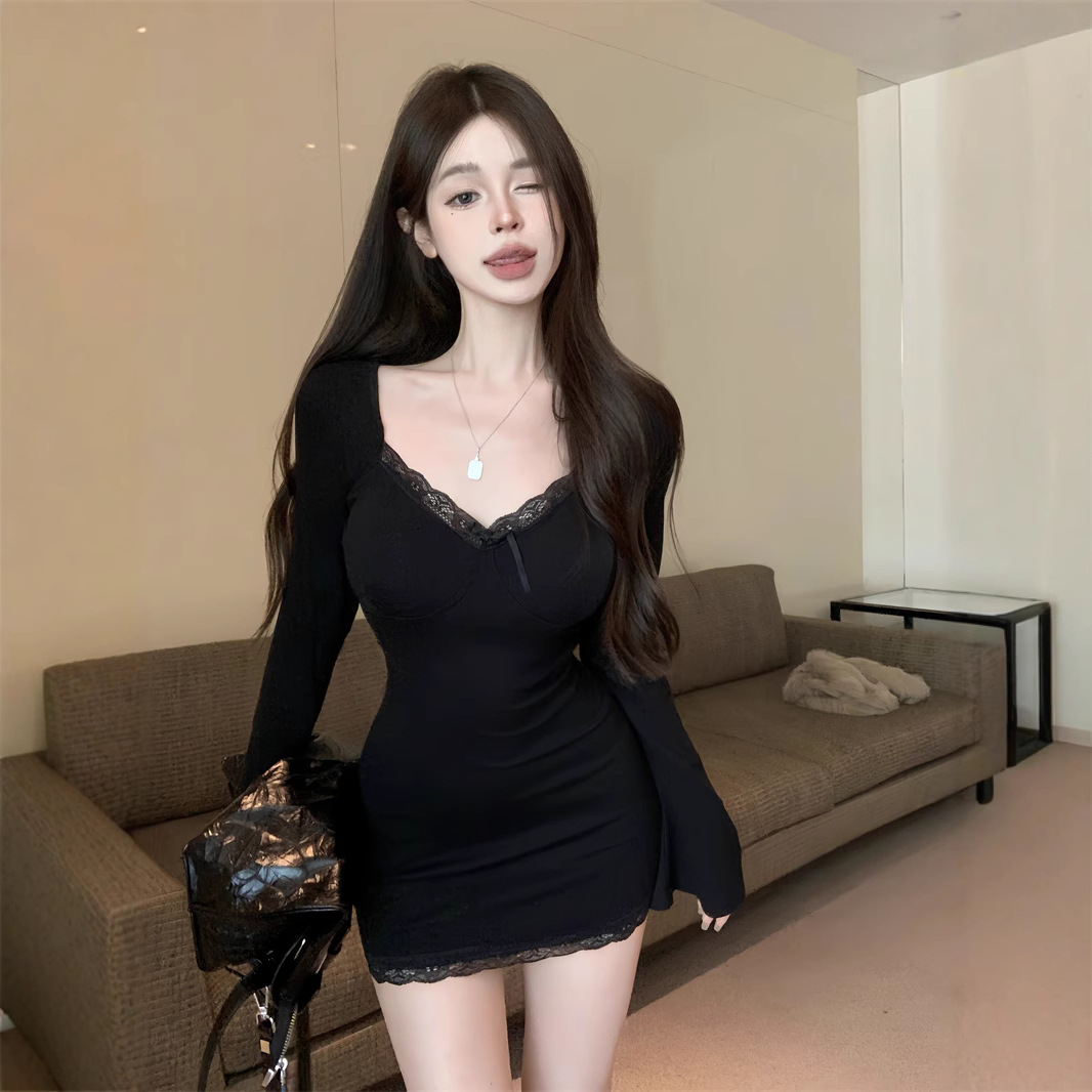 Autumn Clothing Design Sense Lace Side Horn Sleeve Tight Slimming Hip Skirt Women's Base Outer Wearing Long Sleeve dress