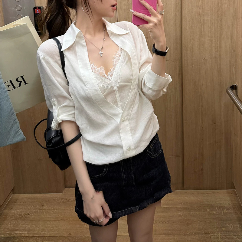 Relaxation Code: Faux Two-Piece Lace Ramie Tencel Mid-Sleeve Sun Protection Shirt Top Relaxation Code: Faux Two-Piece Lace Ramie Tencel Mid-Sleeve Sun Protection Shirt Top