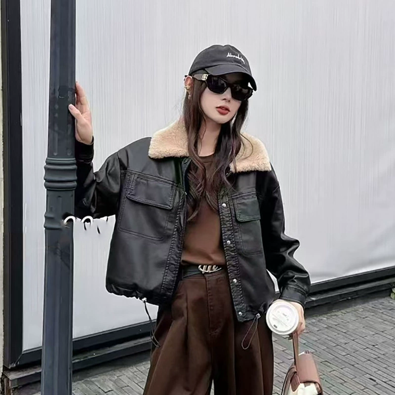 Плюшевая кожаная куртка женская новая толстая кожаная куртка