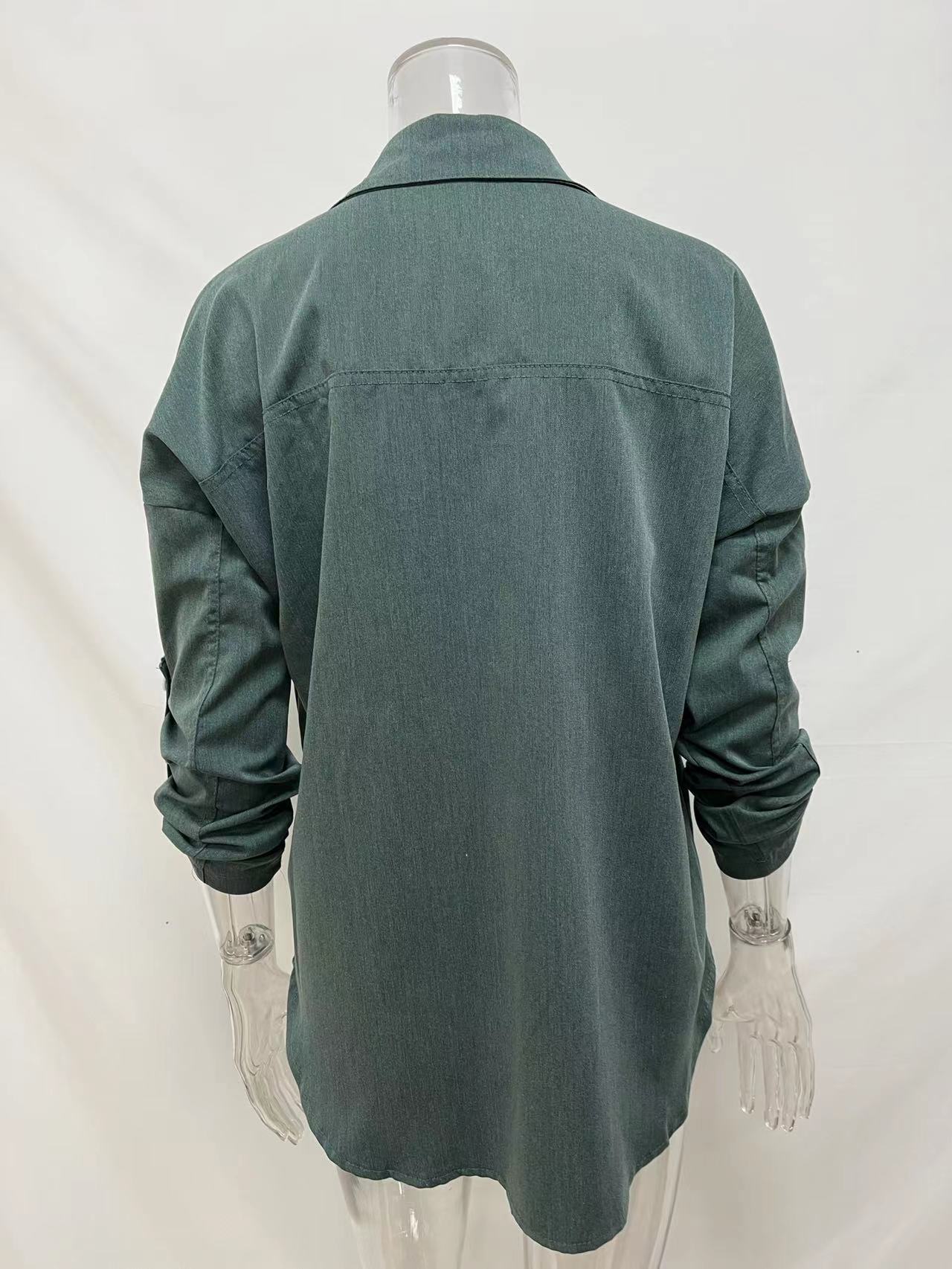 امرأة بلوزة كم طويل البلوزات جيب خليط غير رسمي النمط الكلاسيكي اللون الصامد display picture 1