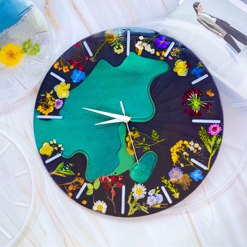Floral diy round clock glue mold simple clock movement Roman numeral dial ornament silicone mold
