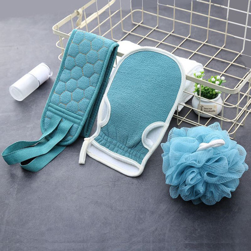 Bath Scrub Set, Shower Sponge and Back Scraper, 3-Piece Scrub Combo, Dual-Sided Mud Scrub Towel, Bath Gloves