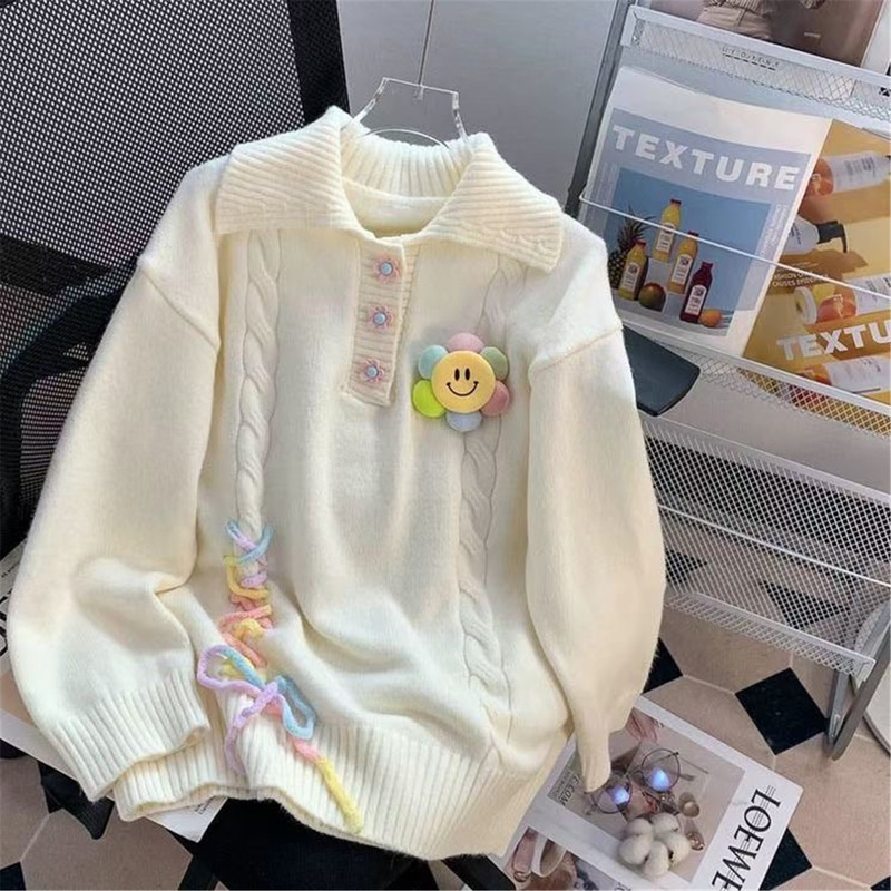 学院风软糯小清新polo领套头毛衣女学生秋冬外穿立体花朵针织上衣|undefined