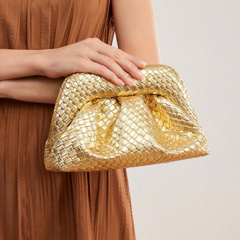Pleated Fashion Evening Bag, Metallic Shiny Clutch Bag, Simple and Versatile Evening Bag, Cross-Border Women's Bag, Best-Selling Model