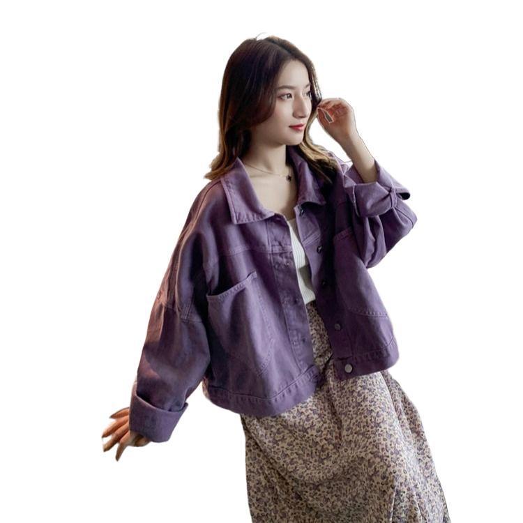 港风短款牛仔外套女夹克上衣2025春秋款百搭韩版休闲牛仔外套紫色|undefined