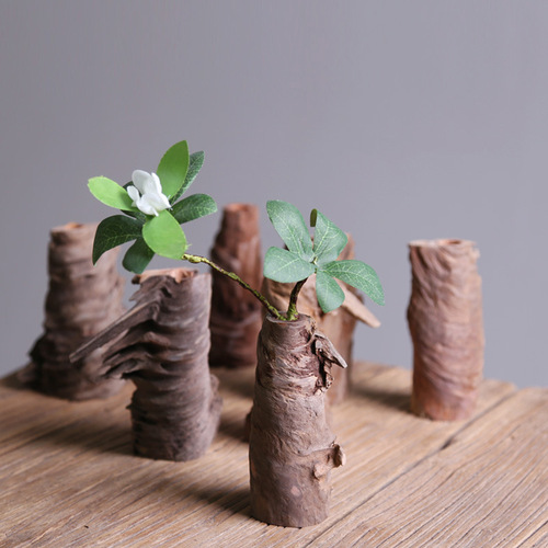 Chinese-style retro Zen living room solid wood dried flower vase ornament tea room dining table flower arrangement small flower pot decorative item ornament