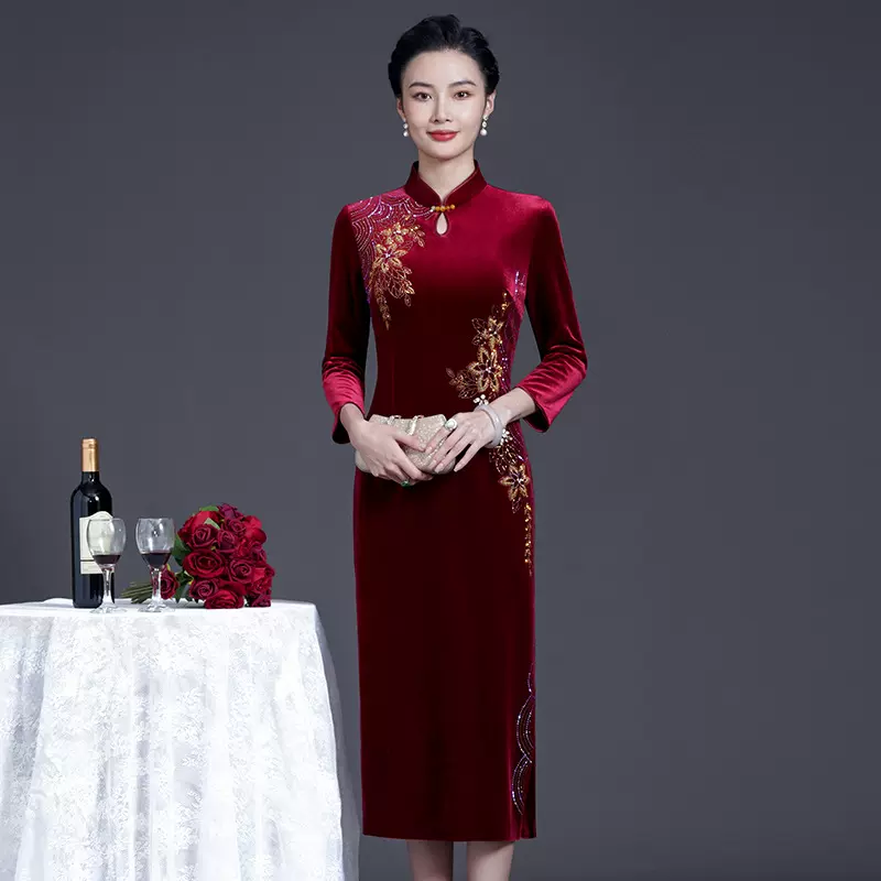 秋冬礼服中年旗袍女婚礼妈妈装喜婆婆婚宴装高贵金丝绒连衣裙高端