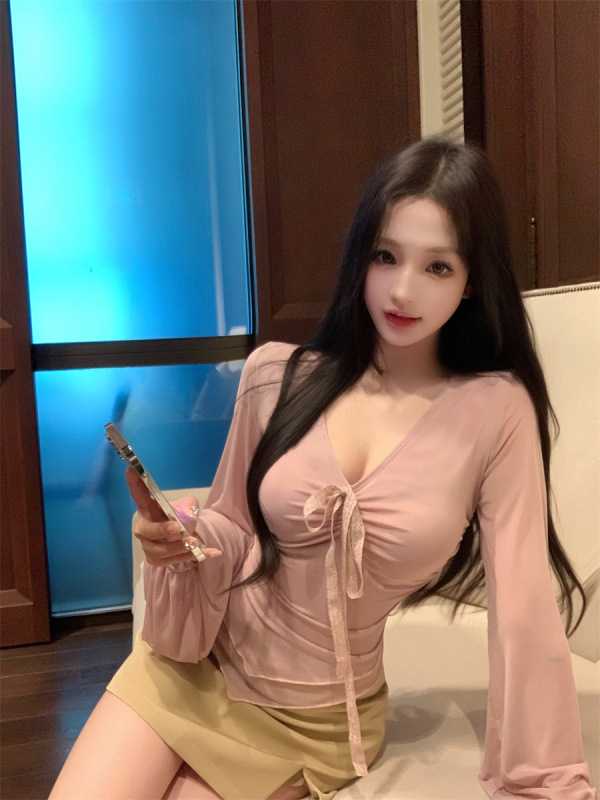 纯欲风粉色v领系带网纱长袖T恤女秋季辣妹收腰显瘦修身气质上衣|undefined
