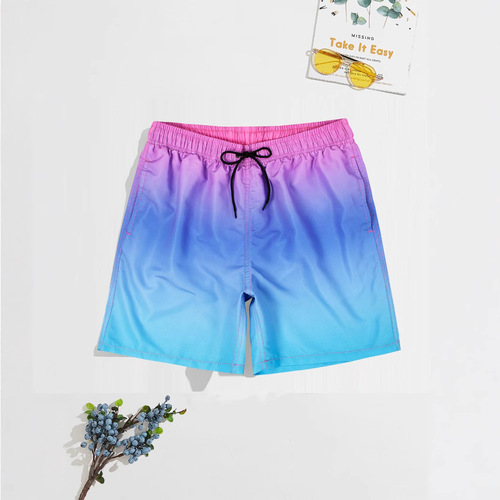 Amazon Men's Beach Shorts INS Influencer Gradient Swimming Trunks Men Loose Printed Quarter Straight Shorts Casual