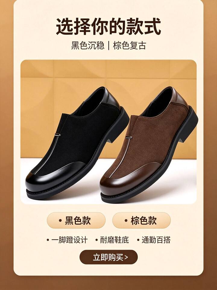 Giày da nam mũi vuông da thật kiểu lười xỏ chân, dễ phối đồ — Màu nâu tây., Thời trang đen chi tiết 17