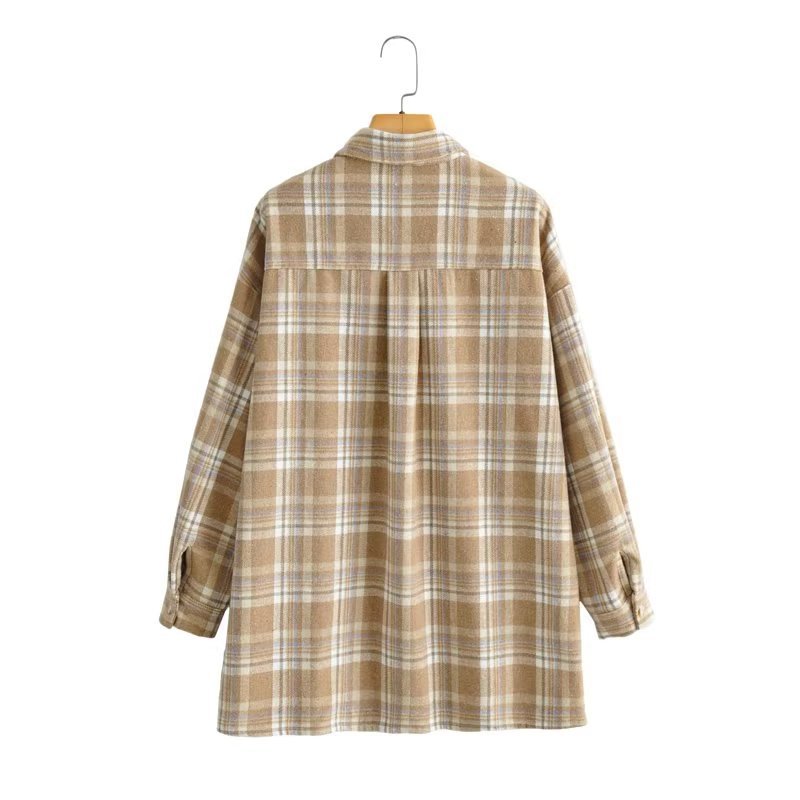 lapel single-breasted check pattern loose shirt jacket NSAM139071