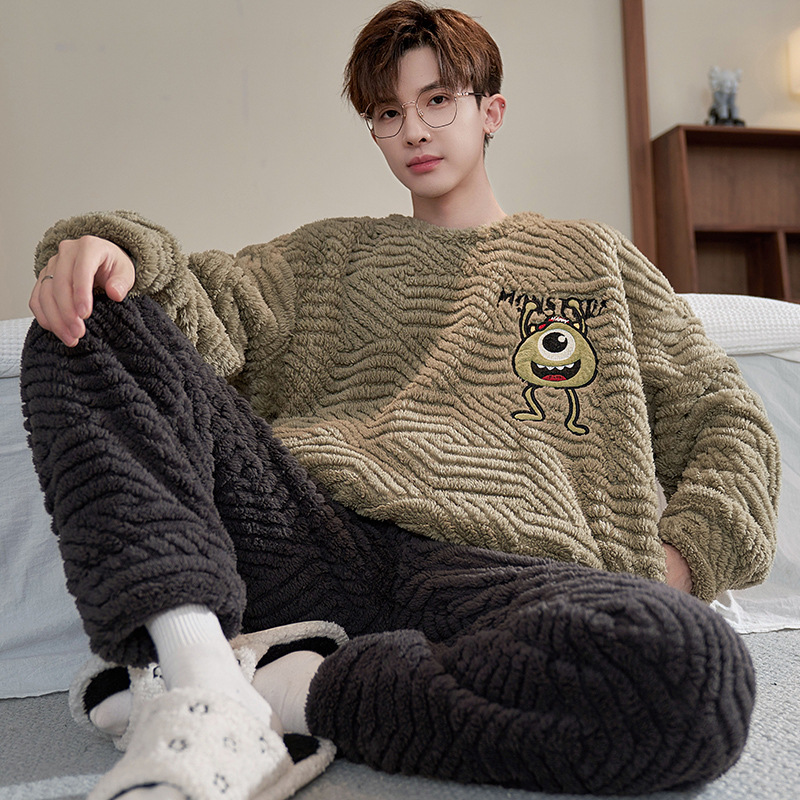 Pijamas de invierno de los hombres de coral de lana engrosada forrada de lana cálido desgaste del hogar traje de dibujos animados de franela Jersey de invierno de los hombres