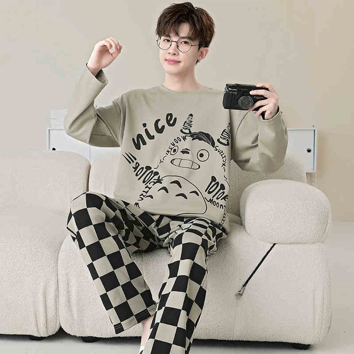 2025 Spring and Autum Pajamas Men's Youth Cartoon Long-Sleeved Loose Casual Plus Size Suit Men Can Wear Outside