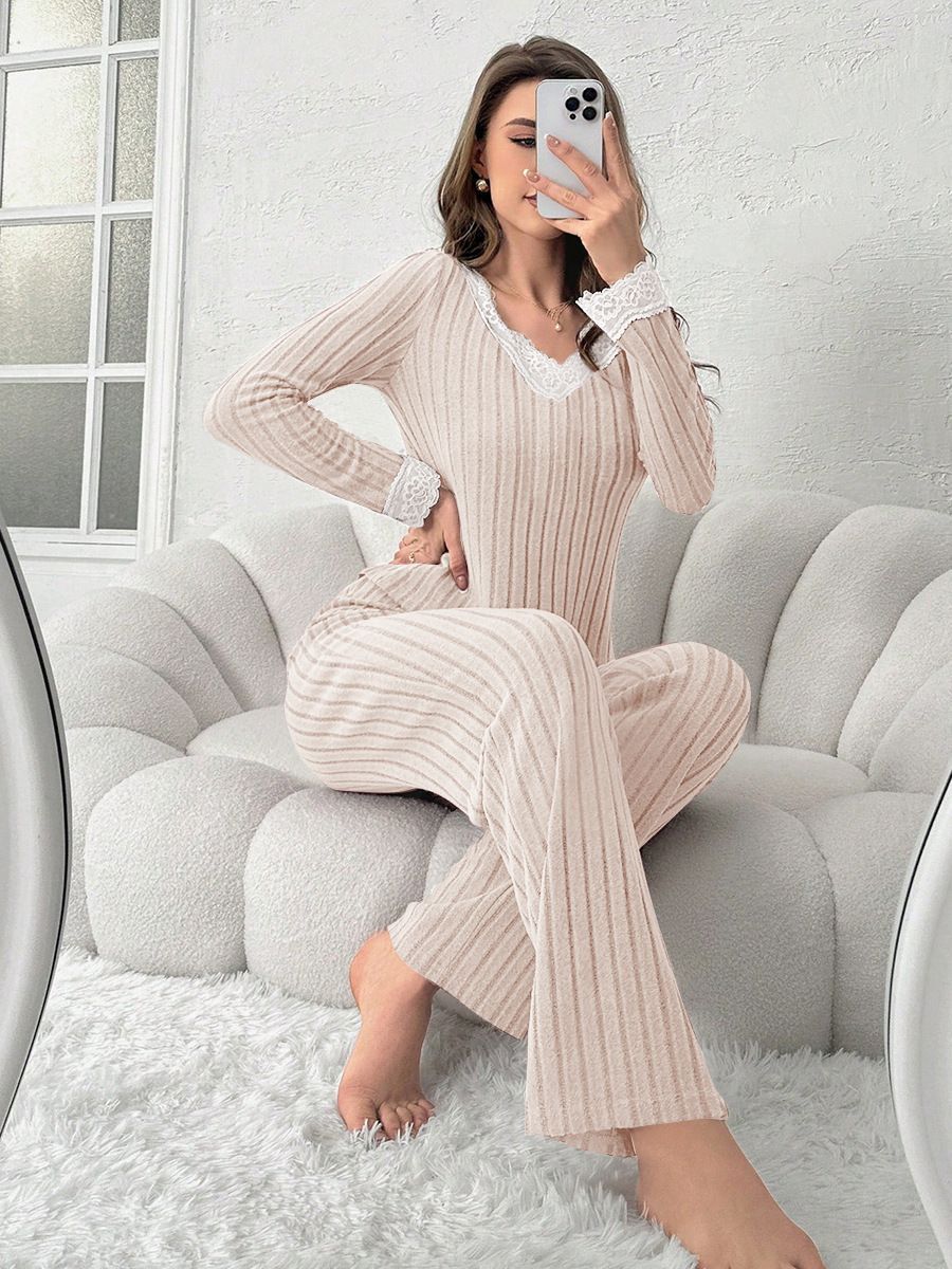 Pijama de Encaje con Cuello en V para Mujer Set de 2 piezas de poliéster, transpirable, cálido, para el hogar y exteriores