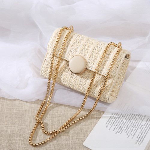 2024 New Model Wicker Bag Rustic Style Small Square Bag Bohemian Seaside Vacation Style Chain Single Shoulder Crossbody