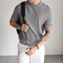 莱赛尔天丝针织衫男凉感透气修身短袖卫衣小高领休闲工装线衣t恤