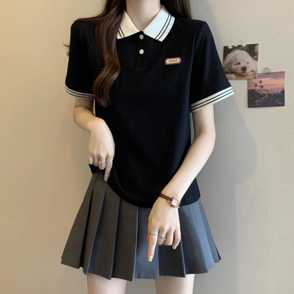 Camiseta suelta de manga corta de verano de talla grande para mujer Gordo mm delgado que cubre los hombros de la carne Estilo universitario de moda Top con cuello Polo image 9