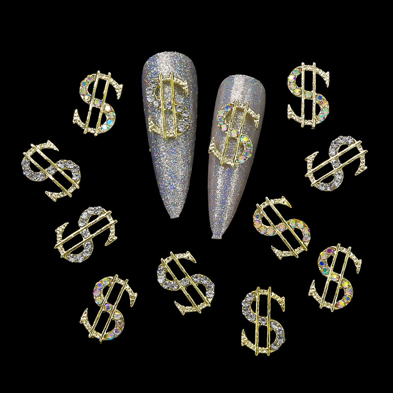 Cross-Border Hot-Selling Nail Art Accessories, Gold Dollar Sign Coins, Full Diamond Nails, Light Luxury Sparkling Diamond Three-Dimensional Diamond Decorations Cross-Border Hot-Selling Nail Art Accessories, Gold Dollar Sign Coins, Full Diamond Nails, Light Luxury Sparkling Diamond Three-Dimensional Diamond Decorations
