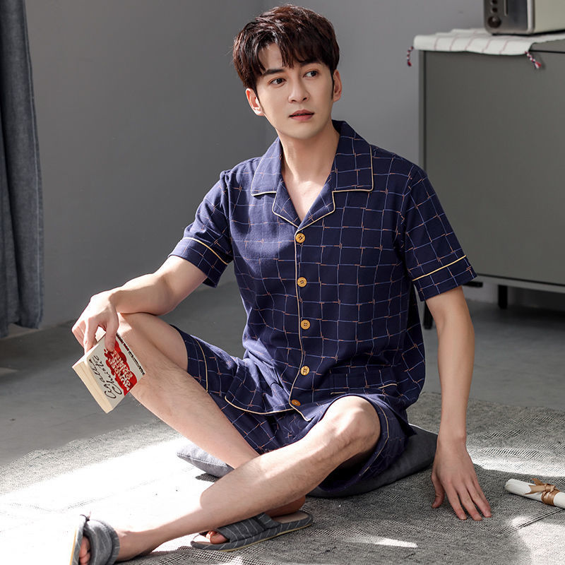Pijamas de hombre ropa de verano 100% algodón pantalones de manga corta chaqueta juvenil traje de homewear delgado de mediana edad