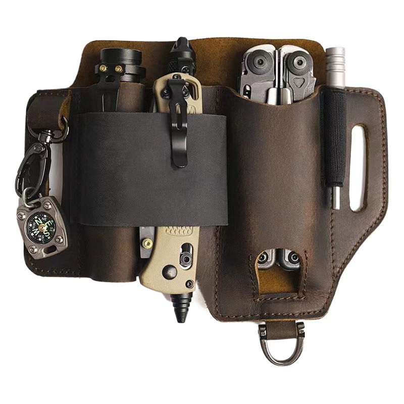 EDC al aire libre herramienta de cuero caso de cuero linterna de supervivencia al aire libre integrado de cuero de vaca herramienta caso de cuero cuchillo caso