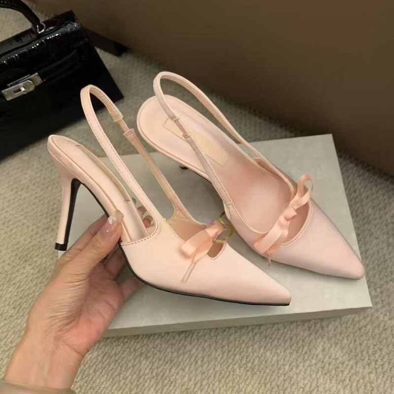 2025 Spring Pink Fairy Style Hollow Bow High Heels Women's French Satin Pointed Toe Shallow Mouth Back Hollow Sandals