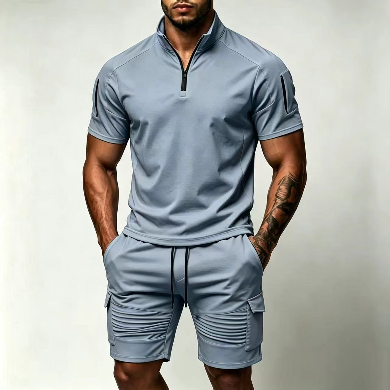 Men's Summer Tactical Sportswear Set, Quick-Dry Two-Piece Outfit With Arm Pocket For Outdoor Training & Casual Wear_viptrois.com