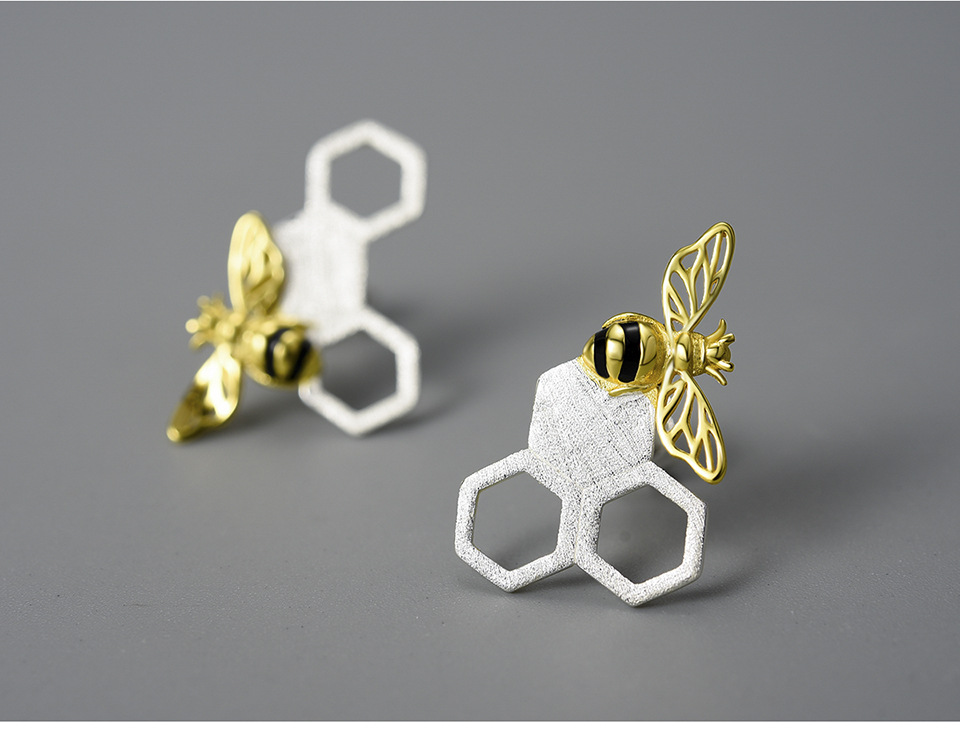 1 Par Diseño Original Panal Abeja Enchapado Plata Esterlina Pendientes display picture 4