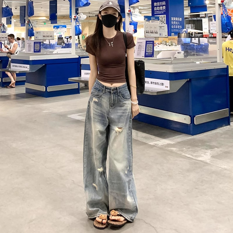 American Style Ripped Wide-Leg Jeans for Women Plus Size Summer New Slimming Loose High-Waisted Straight Versatile Floor-Length Pants