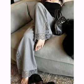 灰色侧边蕾丝拼接阔腿裤女夏季新款独特漂亮超好看垂感宽松直筒裤