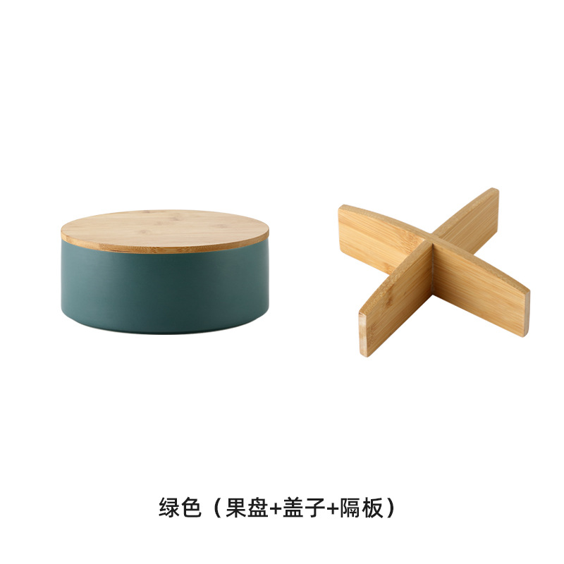Caja de caramelo de cerámica de bambú nórdico hogar sala de estar mesa de café de cerámica plato de fruta seca compartimiento con tapa Internet Celebrity Snack Plate