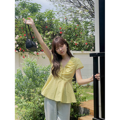 【屋上ガーデン】歌銘フレンチレトロvネックシワ付シャツ婦人服夏リップストップトップスN150C