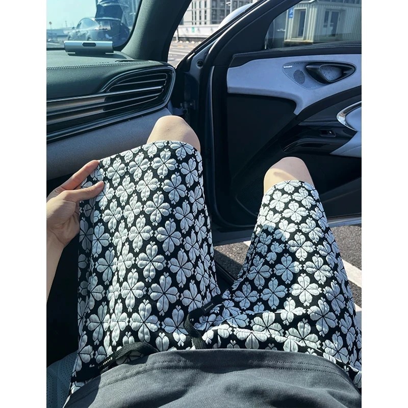 Houndstooth Floral Print High Waist Straight Leg Summer Shorts_voghion.com