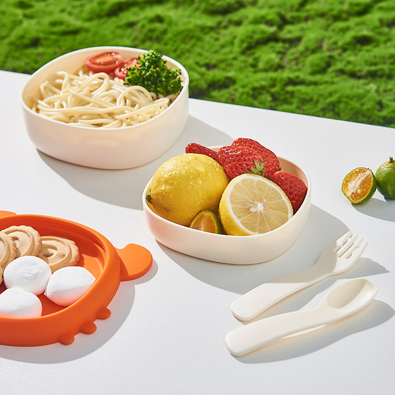 Bowl de suplemento de cangrejo pequeño especial para bebés que salen adorables paquetes de cubiertos portátiles para niños que incluyen suplemento de tijeras y cucharas