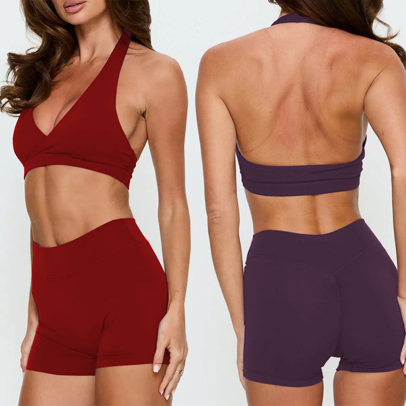 Comercio exterior transfronterizo V-cuello envuelto pecho colgar ropa interior de cuello fitness yoga pull-up mejorar la velocidad de resorte seco conjunto de dos piezas image 5