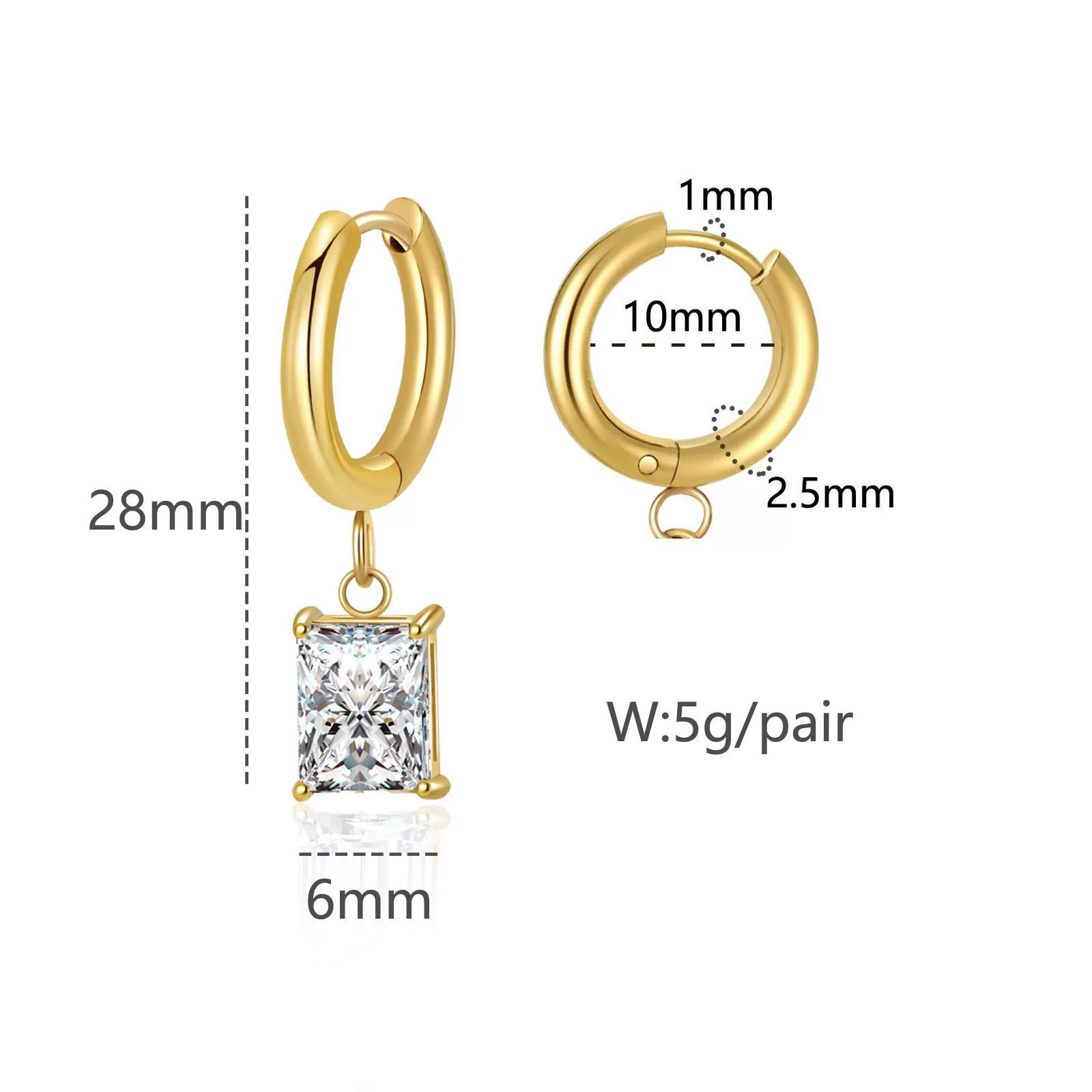  rectangular zirconium, серебро, серьги, клипсы для ушей, 18 карат, оптом