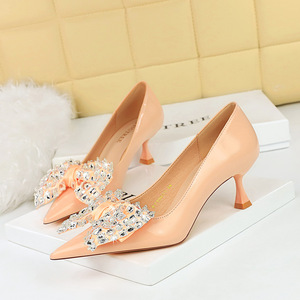 1961-H9 Korean Fashion and Elegant Women's Shoes Wine Cup Heel High Heel Shallow Mouth Pointed Rhinestone Bow Tie B