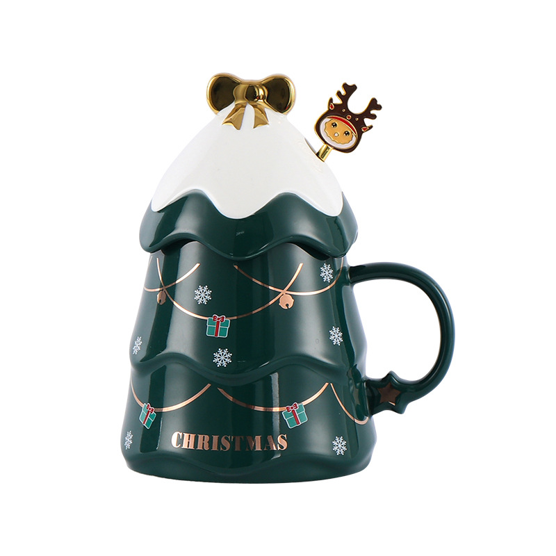 网红热销陶瓷杯圣诞树造型马克杯带盖带勺水杯咖啡杯情侣礼物杯子
