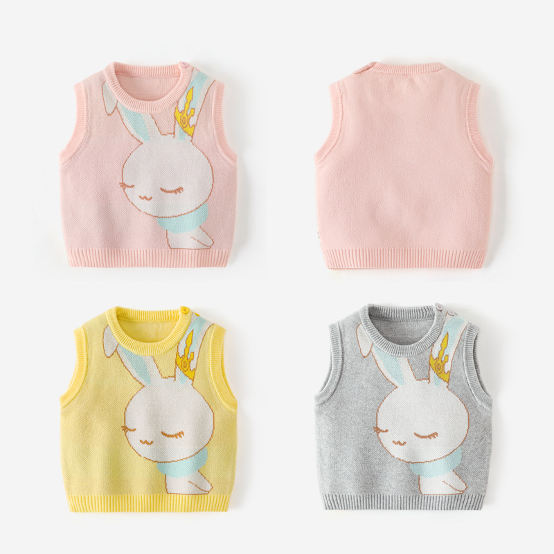 2021秋冬薄款宝宝小马甲针织圆领兔子头男女童背心棉毛衣厂家批发