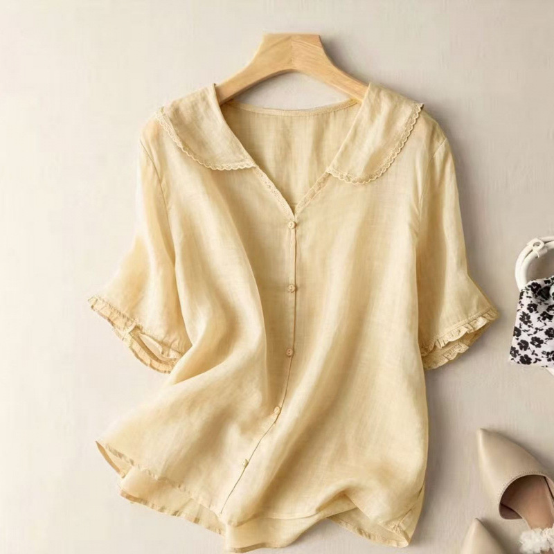 2026 New Short-Sleeve Sailor Collar Ramie Top, Artistic Retro Cotton-Linen Blouse with Doll Collar, Loose Fit, Slimming, Lightweight Style 2026 New Short-Sleeve Sailor Collar Ramie Top, Artistic Retro Cotton-Linen Blouse with Doll Collar, Loose Fit, Slimming, Lightweight Style