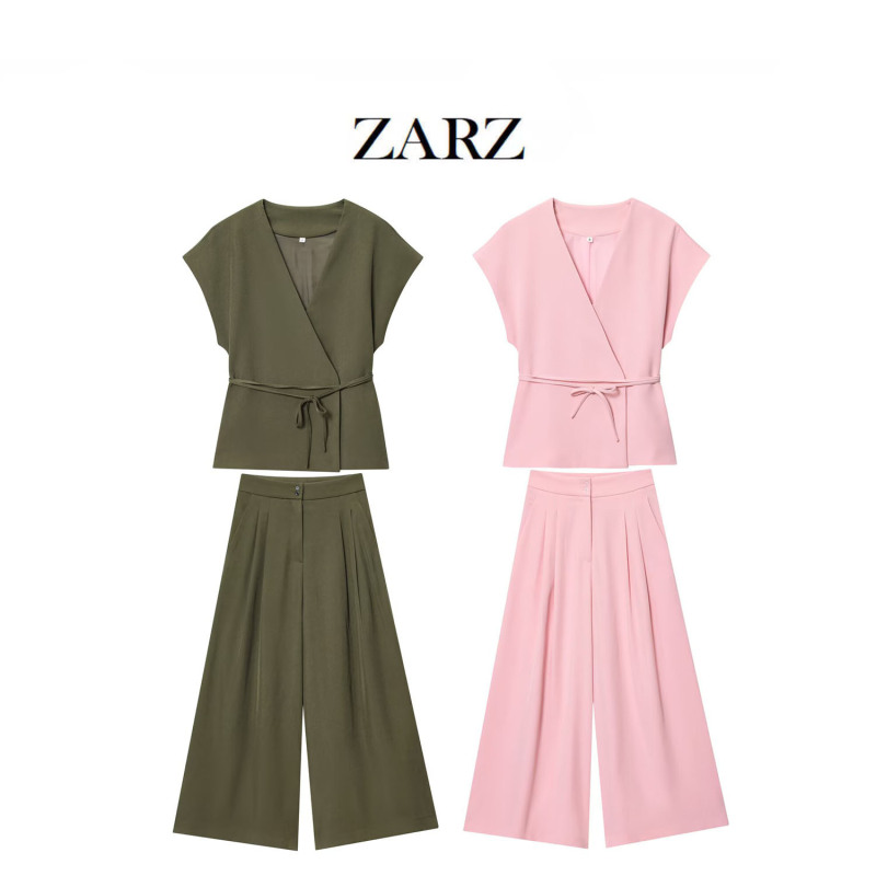 ZARZ 自制 欧美风 新款女装 直筒V领蝴蝶结系带无袖上衣混纺长裤|undefined
