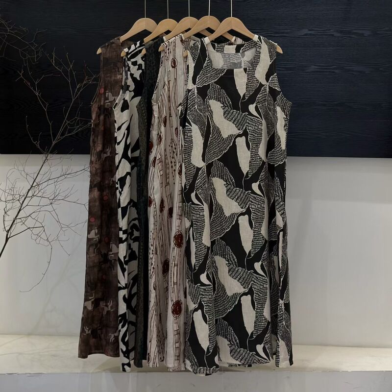 2026 Summer New Style Linen Sleeveless Vest Dress Retro Ethnic Style Printed Distressed Pure Linen Dress for Women