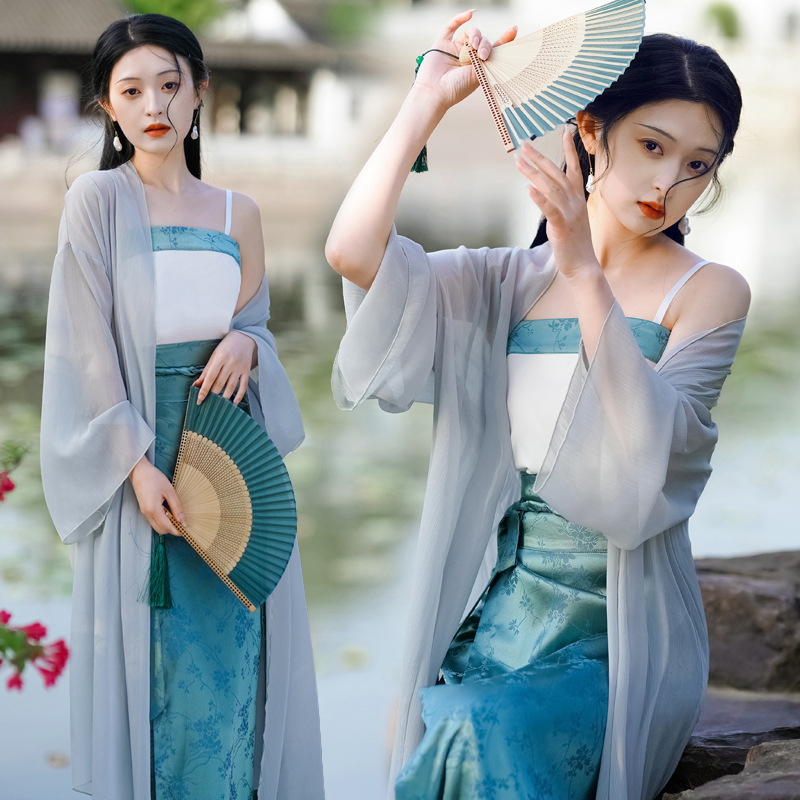 新中式国风汉元素复古风改良汉服女外披吊带包裙淑女名媛三件套