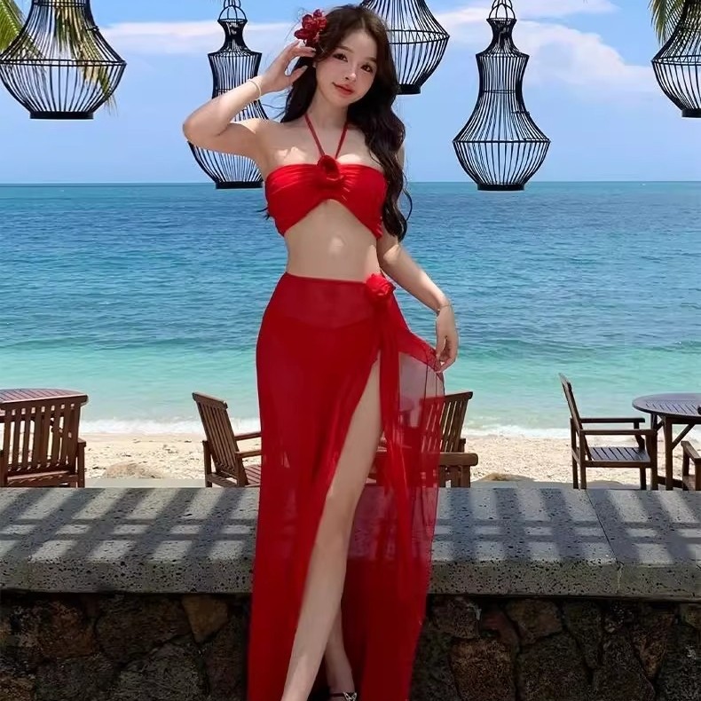 2026 New Style Beach Swimsuit for Women, Long Skirt, Three-Piece Bikini Set, Sexy Pure Desire Style, Slimming Swimsuit for Hot Springs