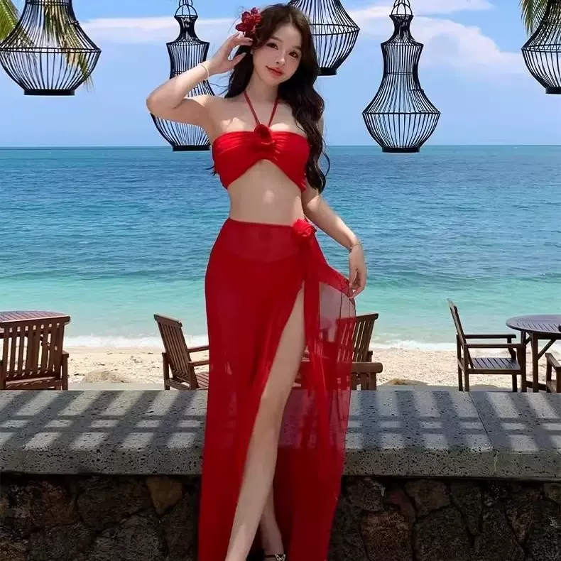 2025新款沙滩泳衣女长裙分体比基尼三件套性感纯欲风显瘦度假温泉