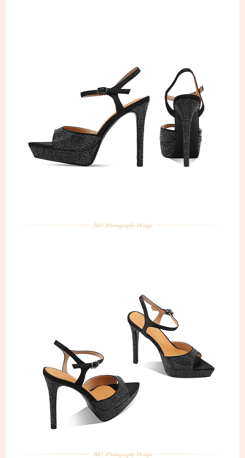 Sandal cao gót nữ mũi nhọn hở ngón, quai một chữ khóa, gót siêu cao 12 cm, đính đá lấp lánh — Màu đen (12 cm) chi tiết 3