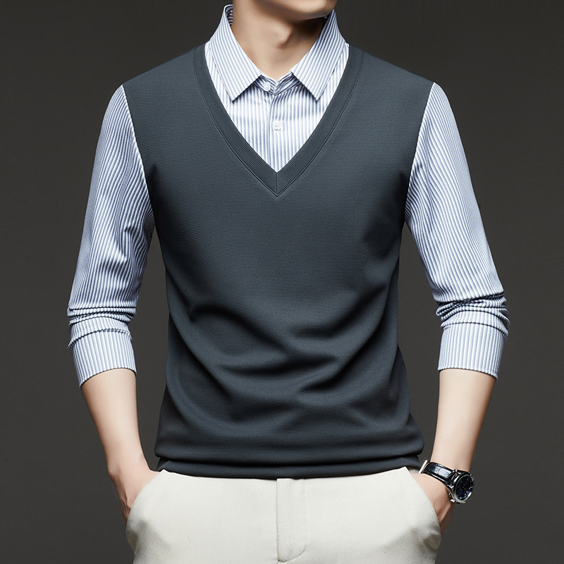 专柜品牌男士卫衣2025新款春秋季假两件长袖t恤中年爸爸装打底衫