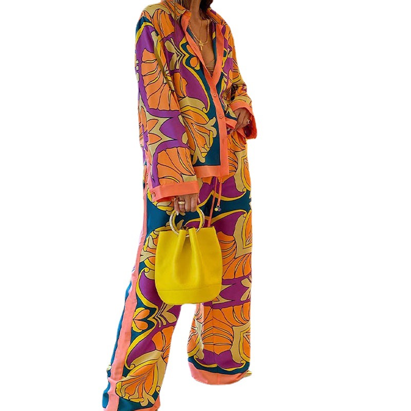 2024 European and American Women's Cross-border Summer Oversized Printed Long Sleeved Shirts, Ethnic Style Pants, Casual Fashion Sets_voghion.com