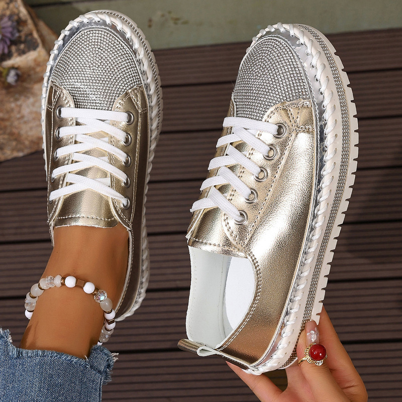 plus size Pure Hand-stitched Casual Flat Thick Single-layer Shoes Women's Spring and Autumn New Rhinestone Color-matching Running Casual Shoes